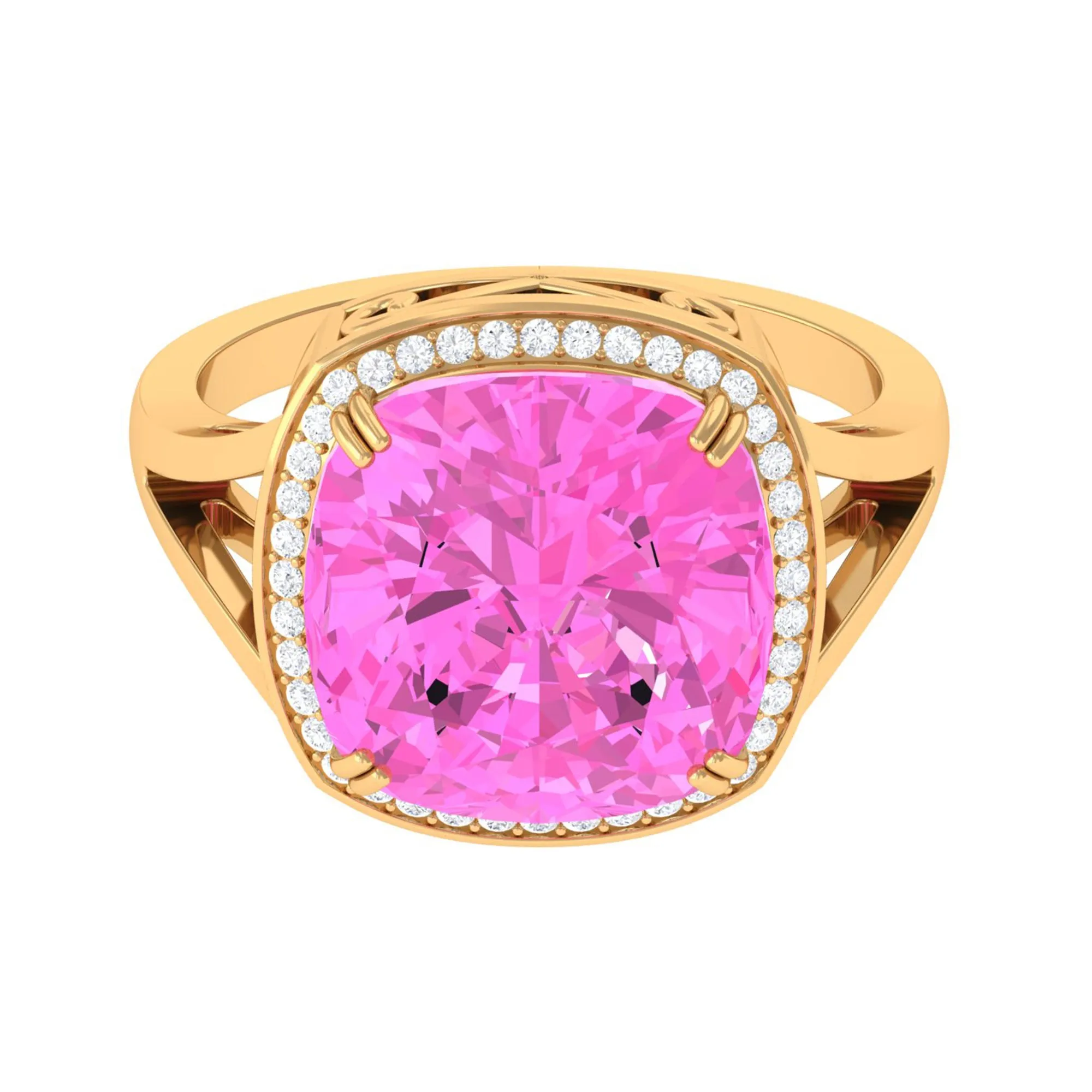 Cushion Cut Created Pink Sapphire Halo Cocktail Ring with Diamond