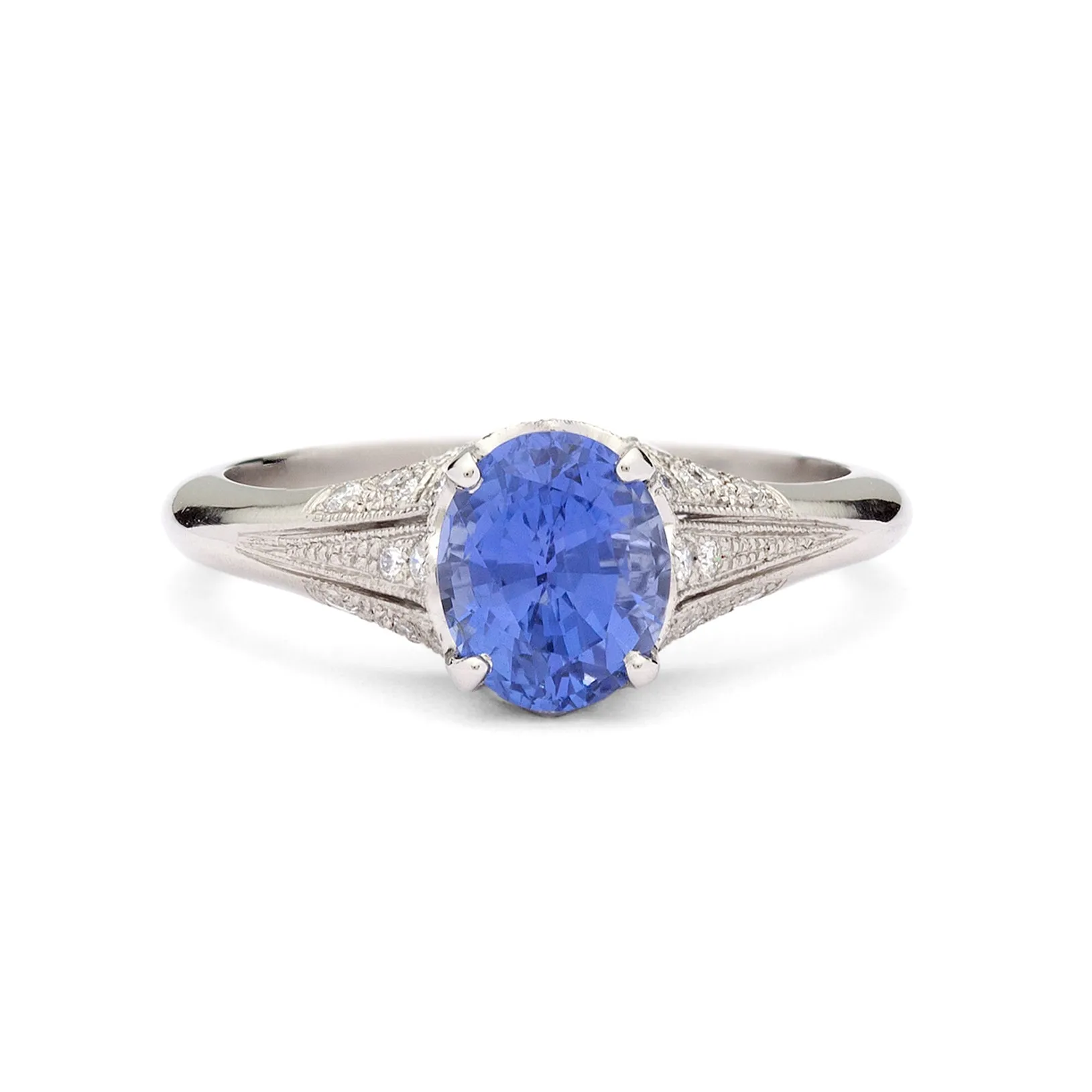 Custom French Platinum & Diamond Ring Featuring Unheated Blue Sapphire