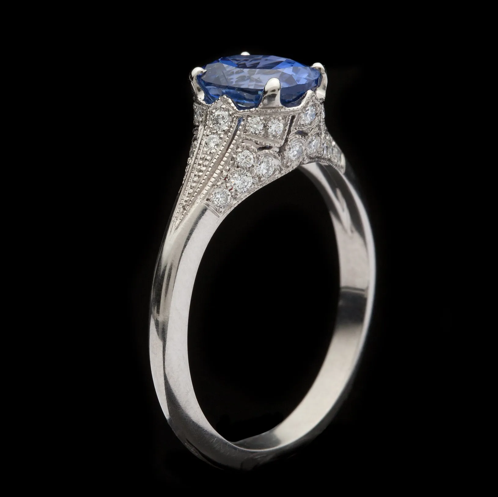 Custom French Platinum & Diamond Ring Featuring Unheated Blue Sapphire