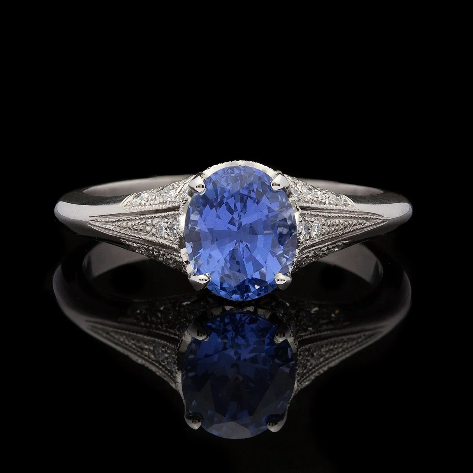 Custom French Platinum & Diamond Ring Featuring Unheated Blue Sapphire