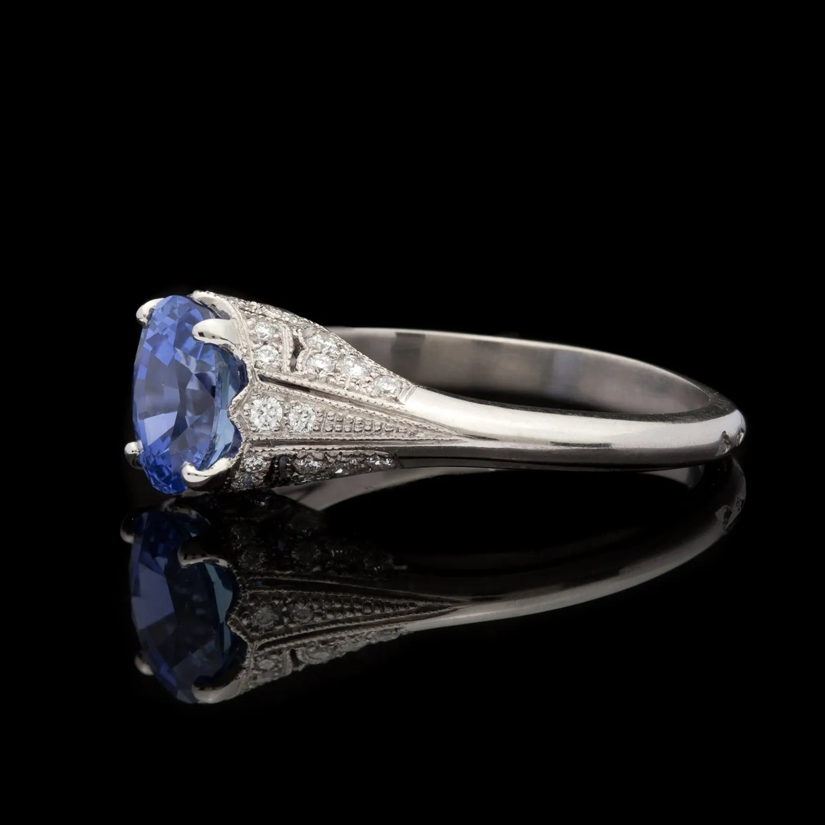 Custom French Platinum & Diamond Ring Featuring Unheated Blue Sapphire