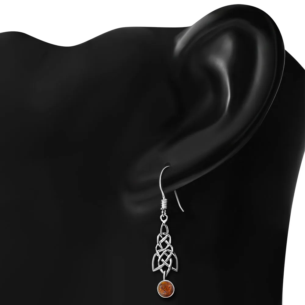 Dangle Amber Stone Celtic Knot Silver Earrings