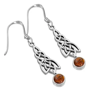 Dangle Amber Stone Celtic Knot Silver Earrings