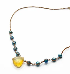 Danielle Welmond | Aquamarine, Teal Pearls and Citrine Triangle Drop on Wove Rust Silk Cord