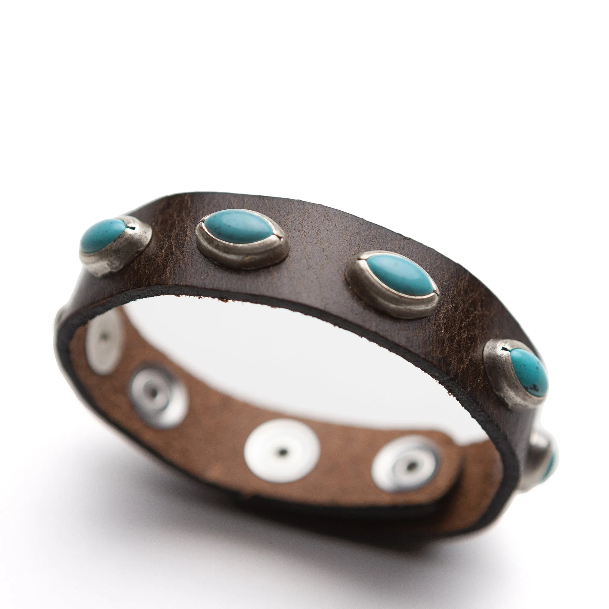 Dark Leather & Turqoise Ovals Bracelet