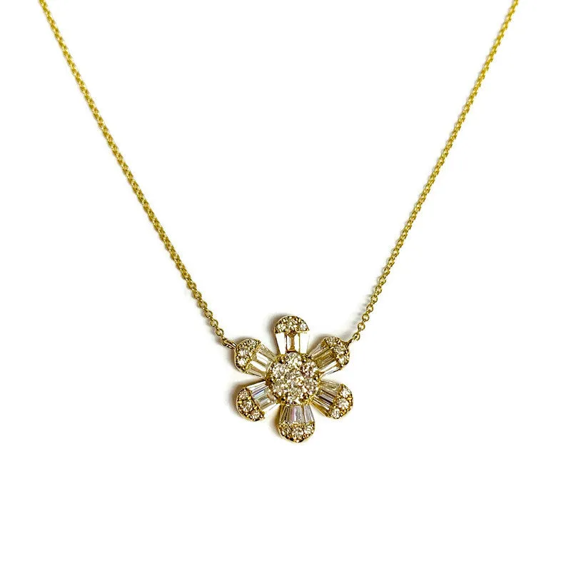 Diamond Flower Pendant Necklace in Yellow Gold