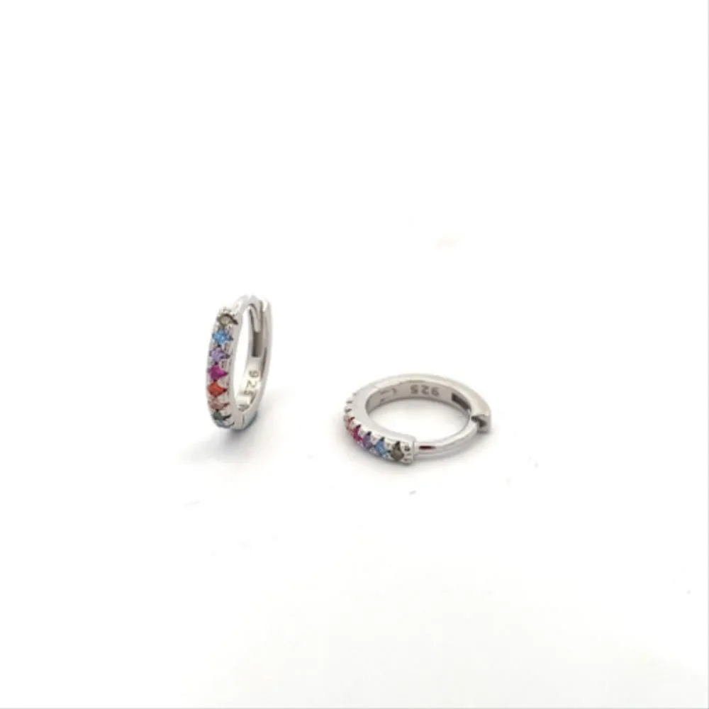 E7769 RAINBOW COLORED STONE HOOP SILVER EARRINGS 1.80G