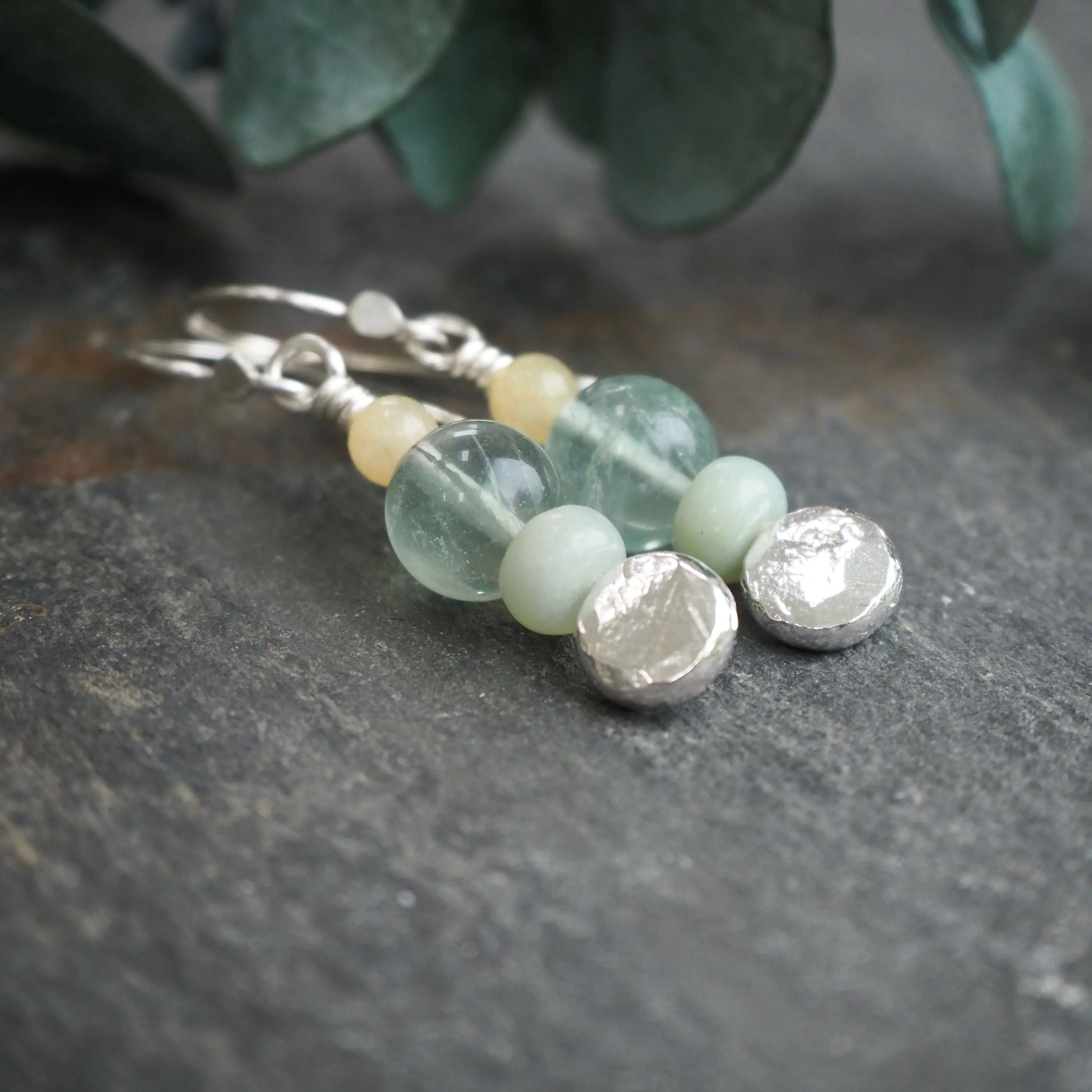 Earrings - Silver, Fluorite and Jade Dangly Earrings