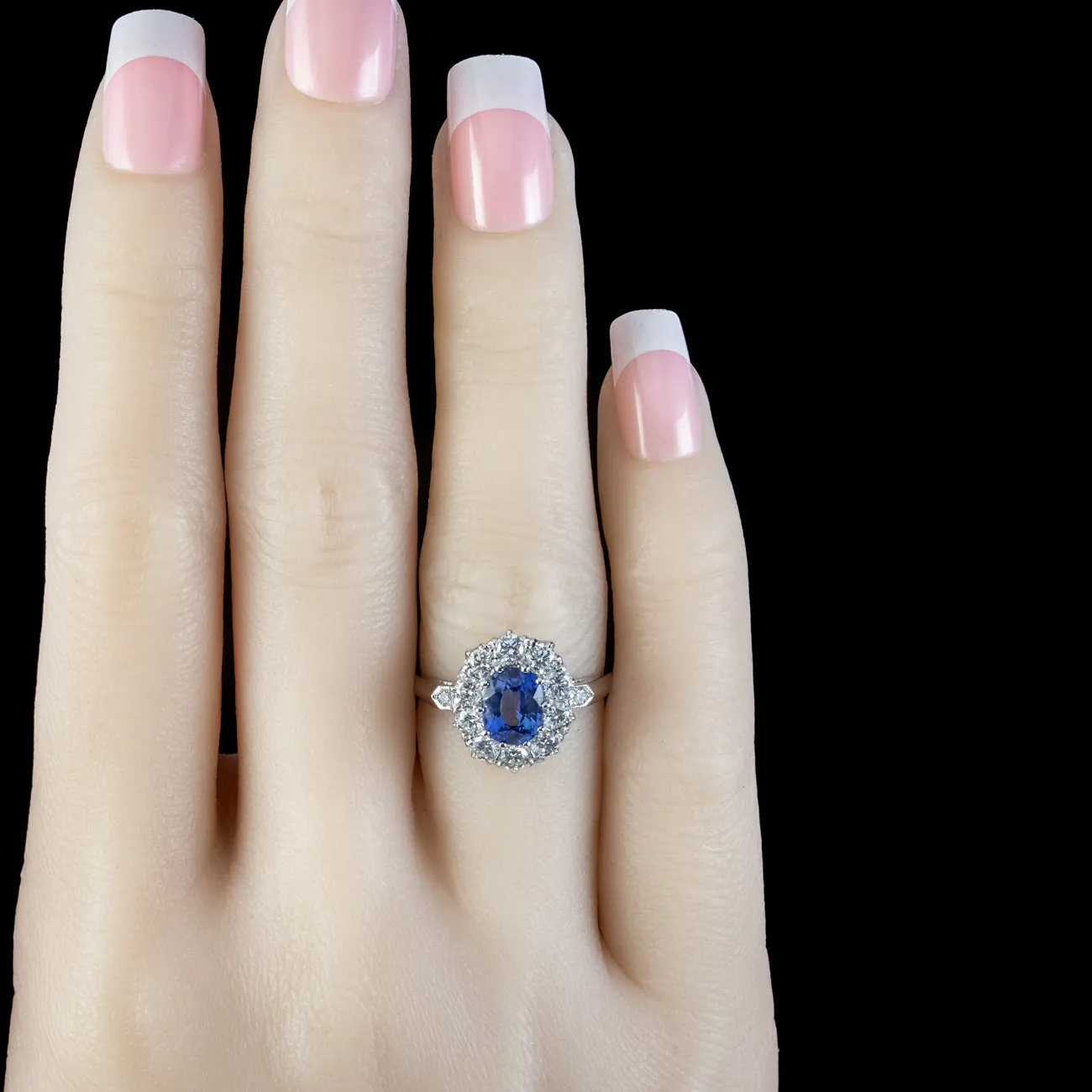 Edwardian Style Sapphire Diamond Cluster Ring 1ct Blue Sapphire