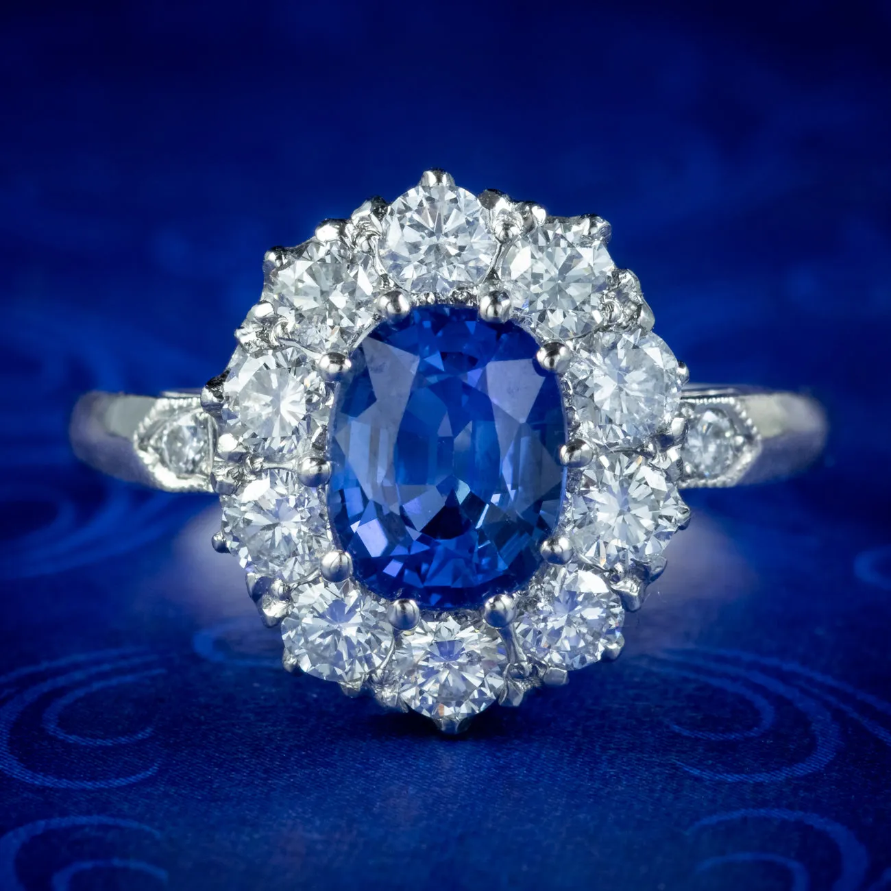 Edwardian Style Sapphire Diamond Cluster Ring 1ct Blue Sapphire