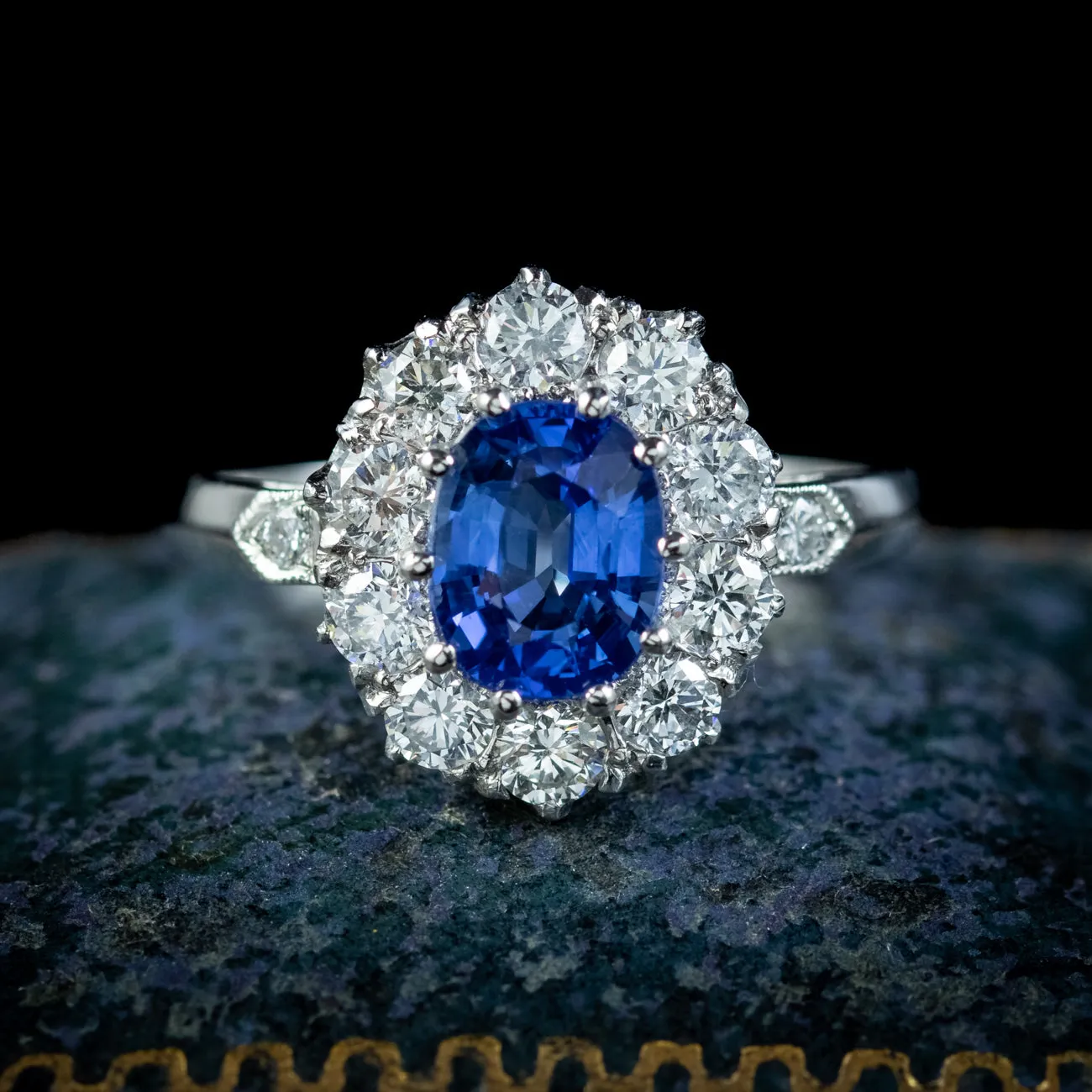 Edwardian Style Sapphire Diamond Cluster Ring 1ct Blue Sapphire