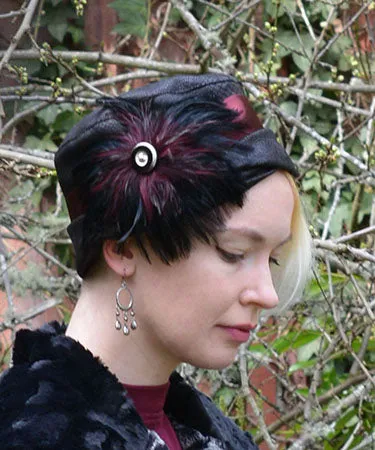 Feather Medallion Trim - Black & Burgundy with Glass Button  (Only One with Silver Dot Button Left!)