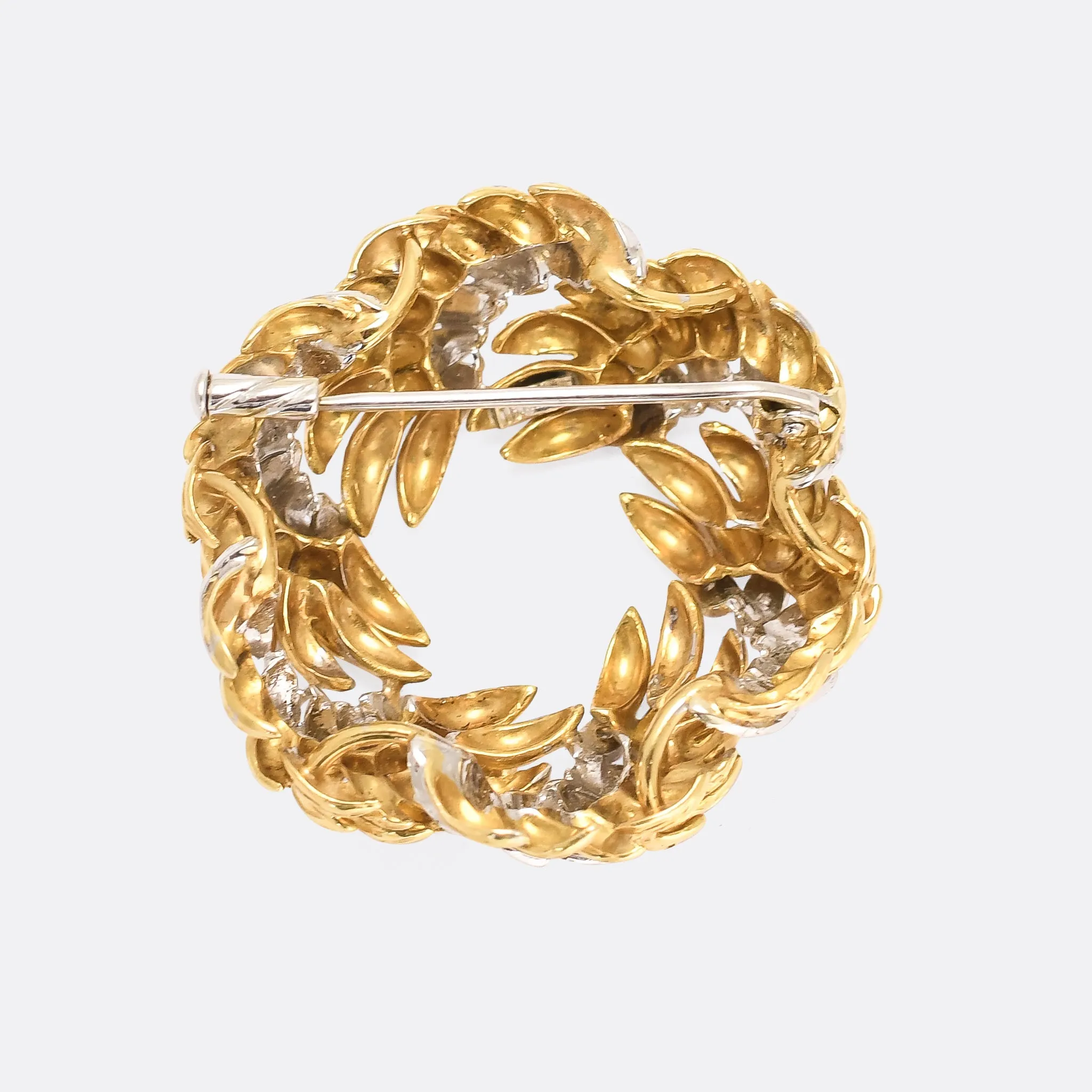 French Mid-Century Bi-Metal 18k Gold Wreath Brooch