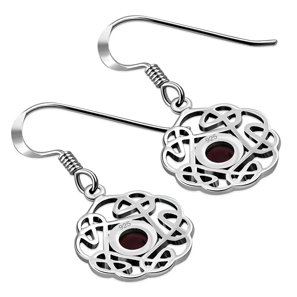 Garnet Round Celtic Knot Silver Earrings