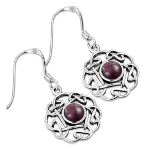 Garnet Round Celtic Knot Silver Earrings