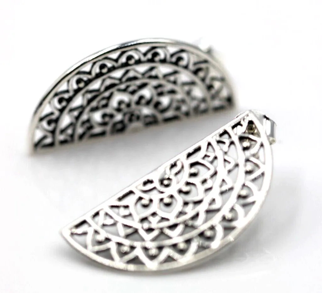 Genuine Sterling Silver 925 Large Semi Circle Filigree Stud Earrings