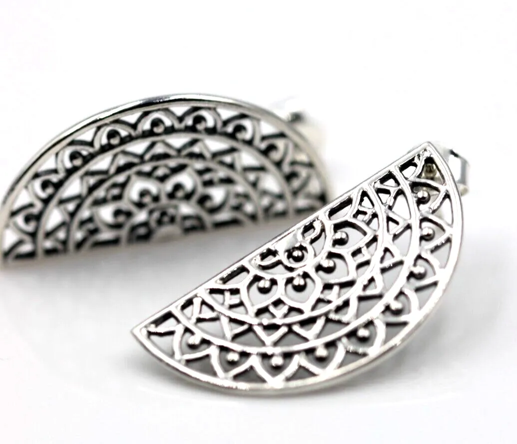 Genuine Sterling Silver 925 Large Semi Circle Filigree Stud Earrings