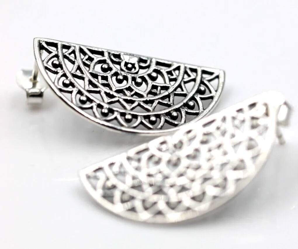 Genuine Sterling Silver 925 Large Semi Circle Filigree Stud Earrings