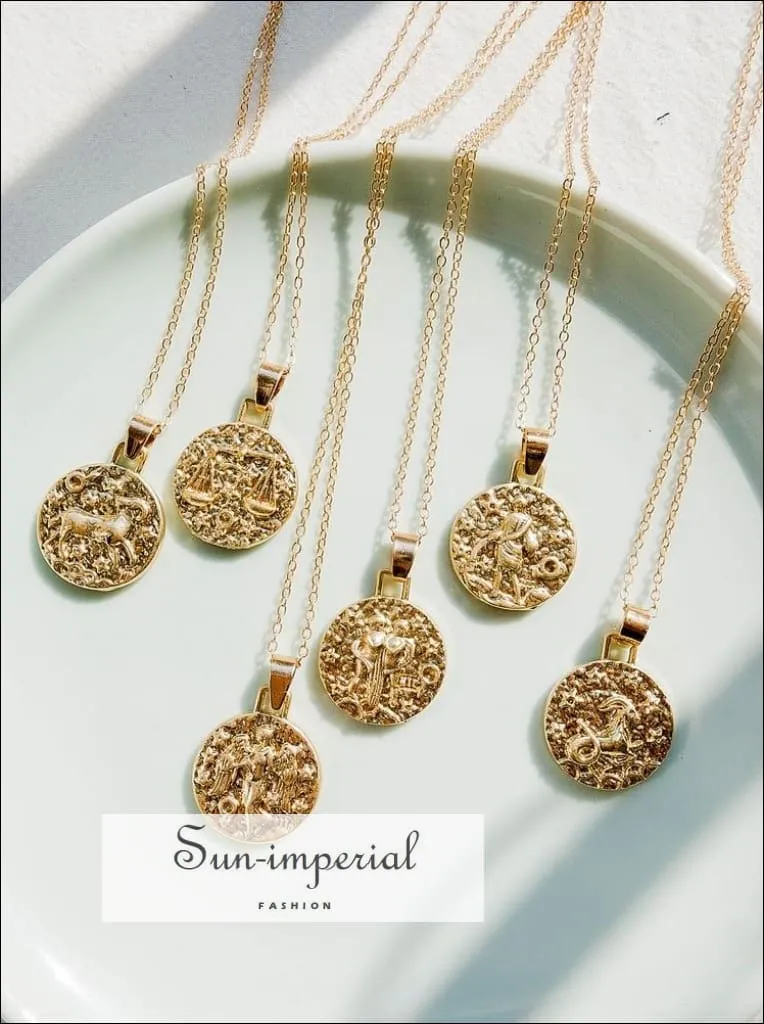 Gold Color 12 Constellation Necklaces & Pendants for Women Coin Gold Chain Necklace