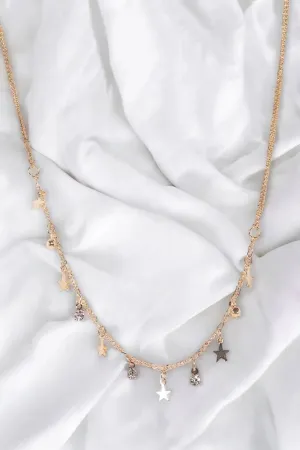 Gold Link Chain Star & Faux Diamond Charms Necklace