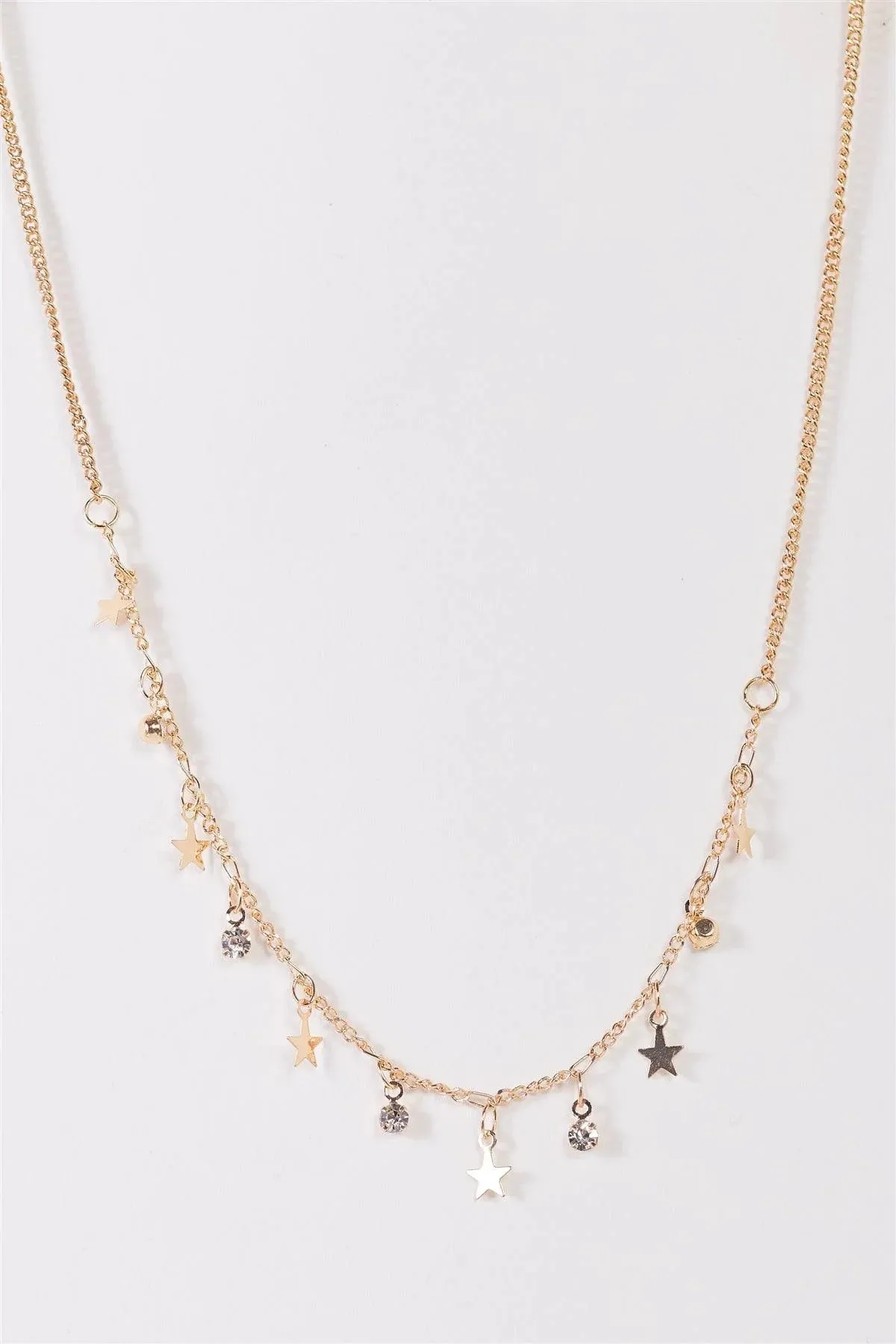 Gold Link Chain Star & Faux Diamond Charms Necklace