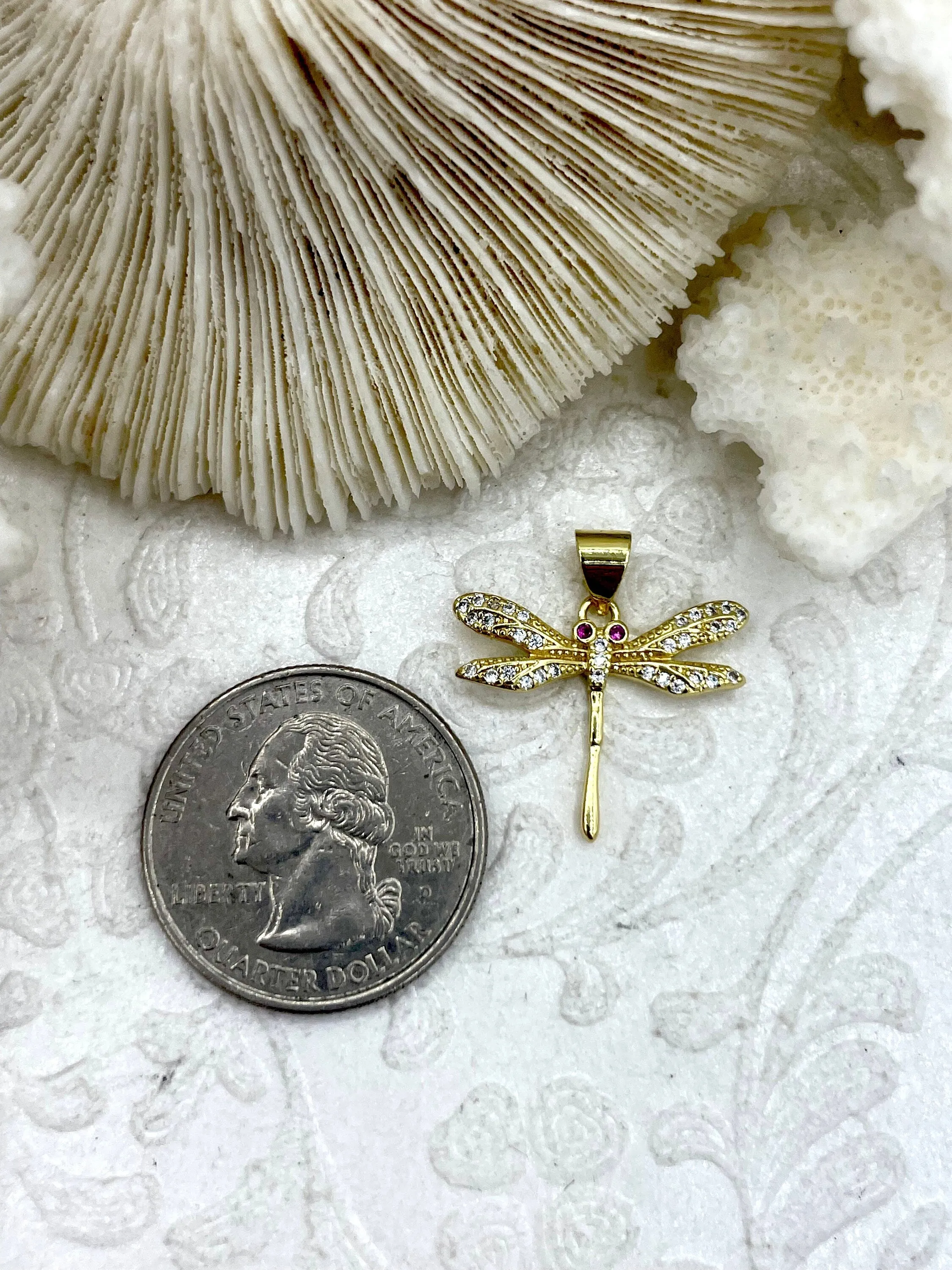 Gold Plated Brass & CZ Dragonfly Pendant, Dragonfly Charm. Gold Dragonfly Pendant with Cubic Zirconia, Red and Clear CZ, Fast Ship