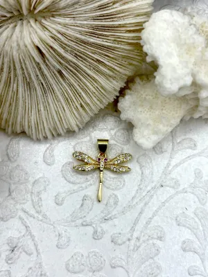 Gold Plated Brass & CZ Dragonfly Pendant, Dragonfly Charm. Gold Dragonfly Pendant with Cubic Zirconia, Red and Clear CZ, Fast Ship