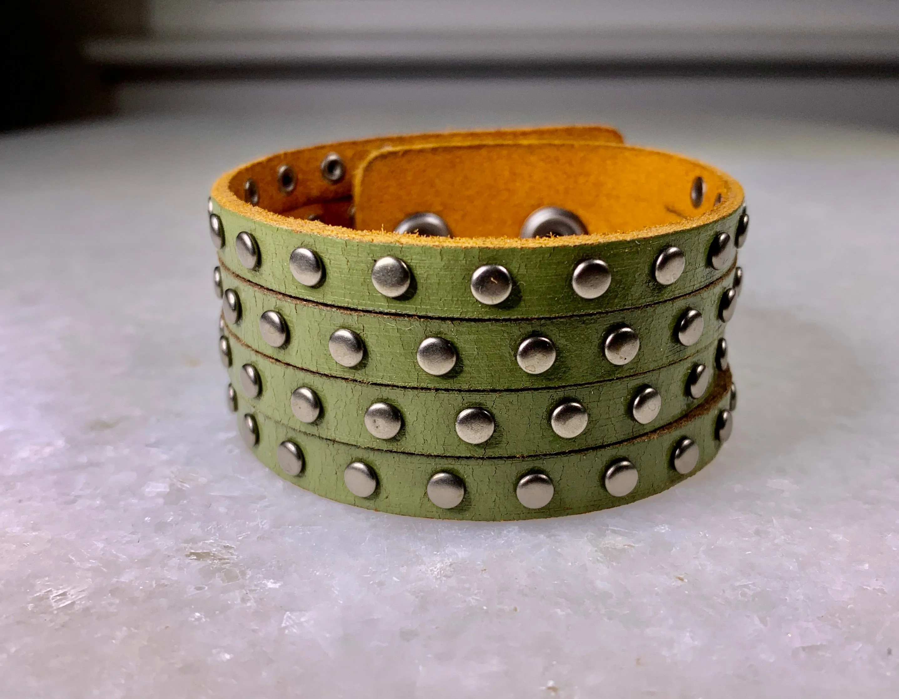 Green Leather Stud Bracelet