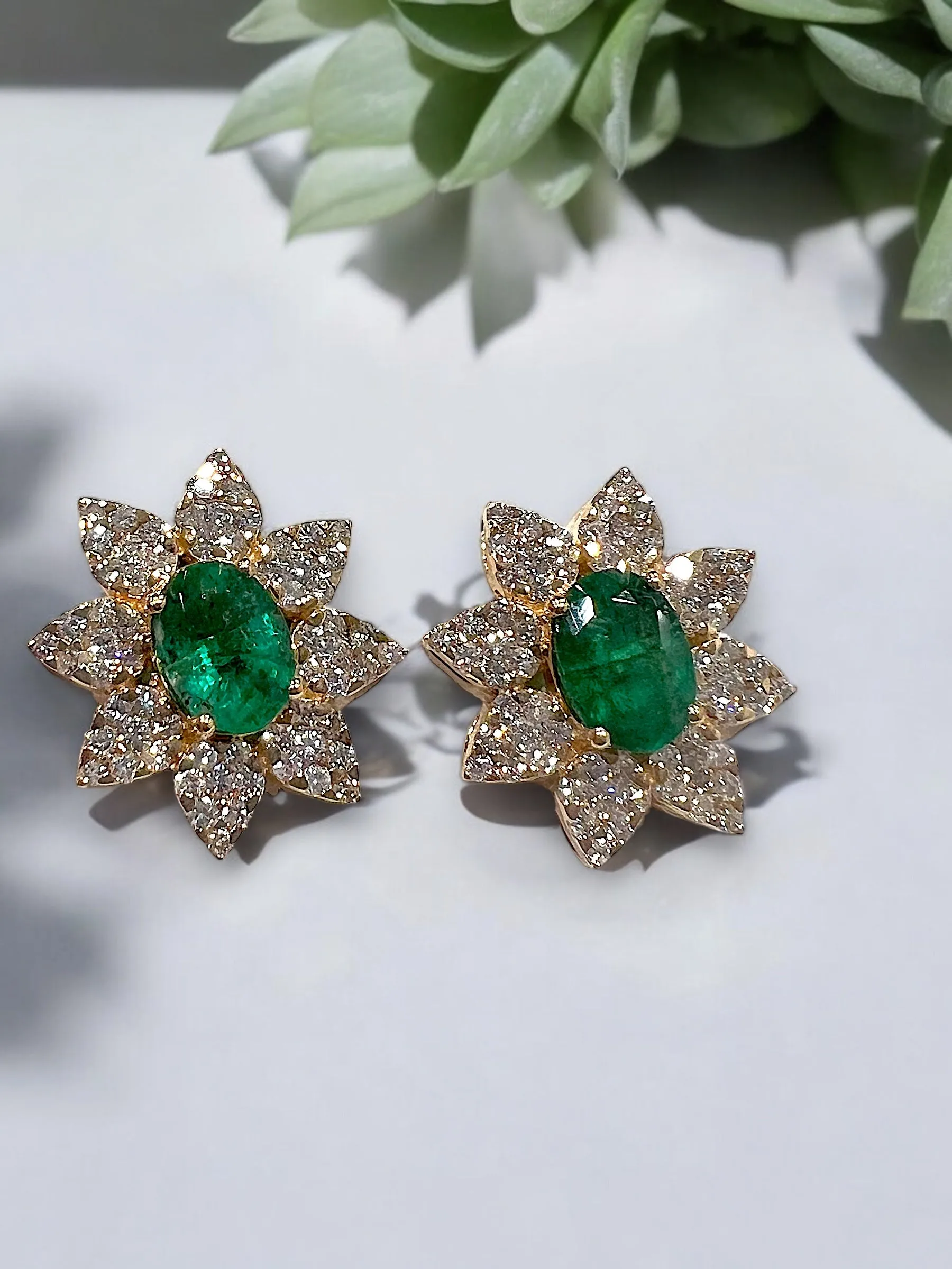 Green Oval Emerald and diamond earrings