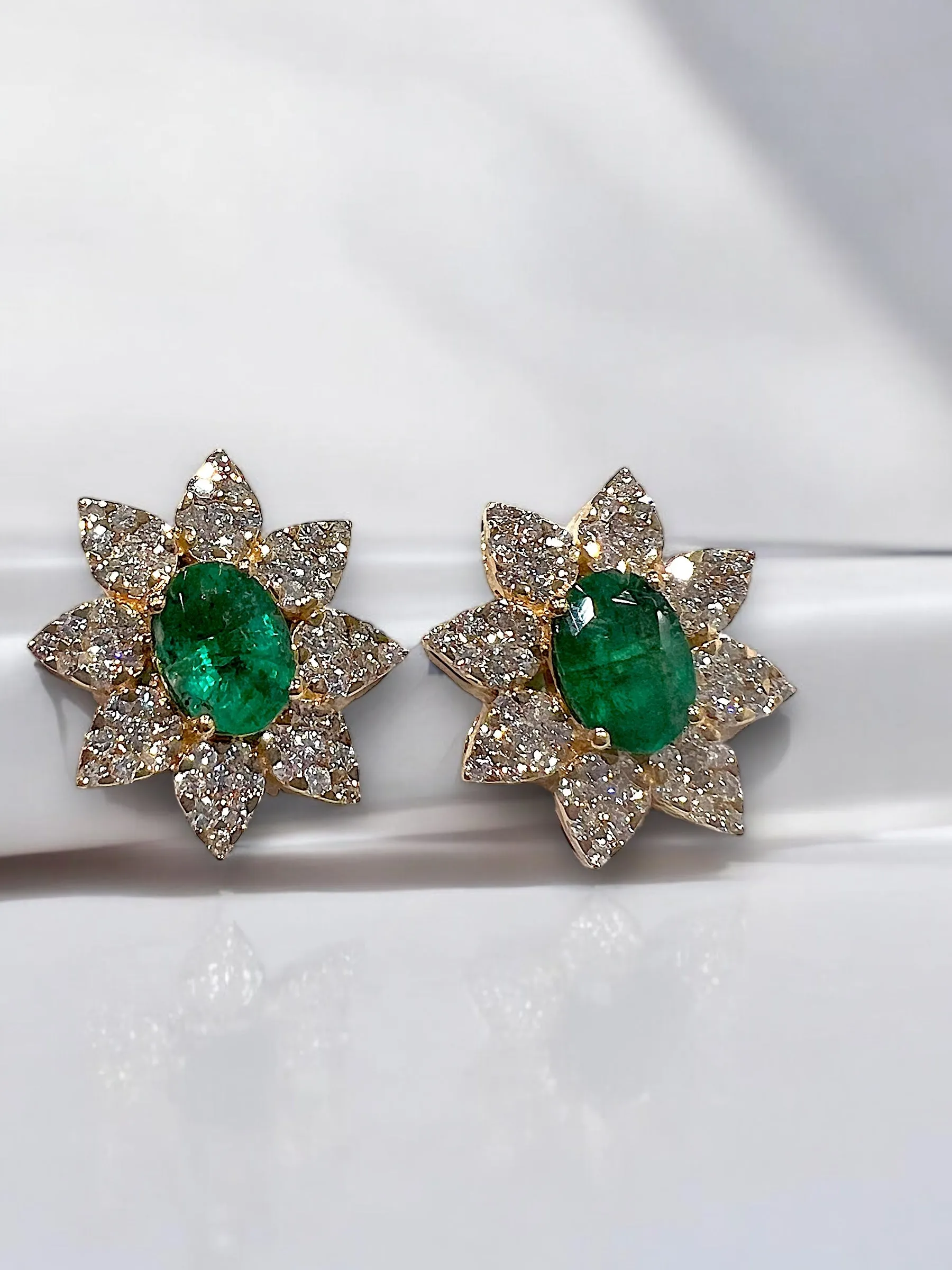 Green Oval Emerald and diamond earrings