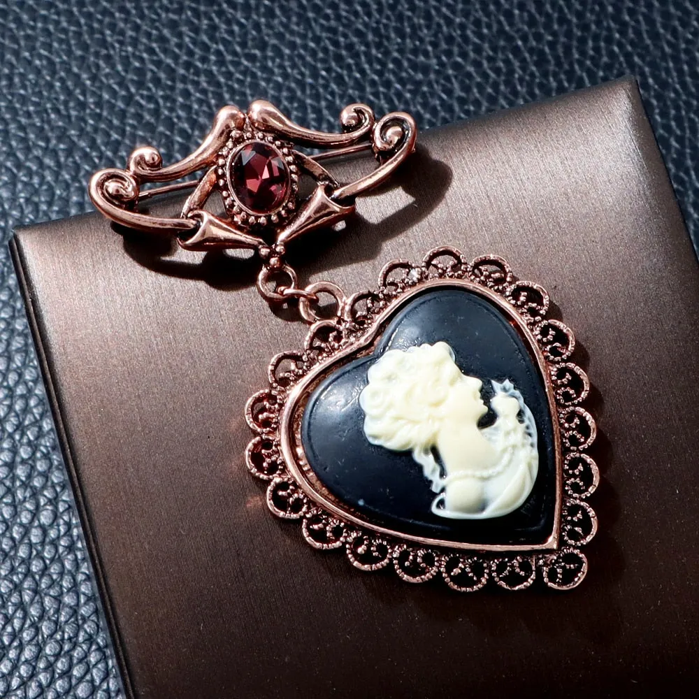 Heart Beauty Head Pin For Women Vintage Fashion Embossed Brooch