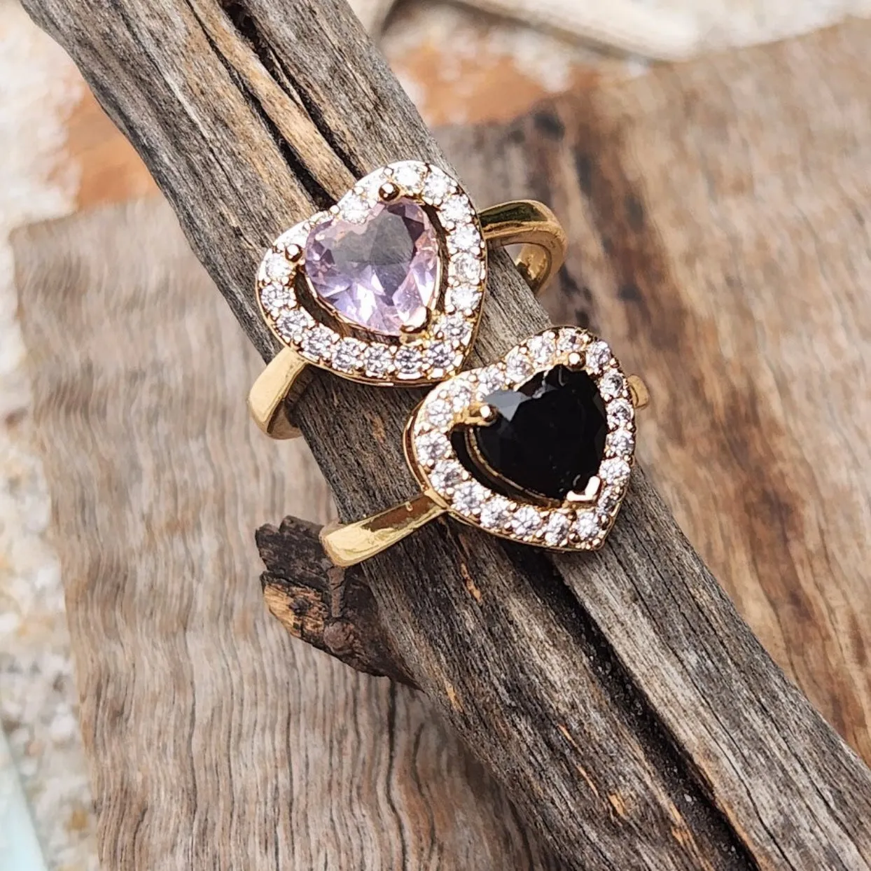 HEARTS - ROSE QUARTZ OR ONYX 18K RINGS - ADJUSTABLE WATERPROOF RINGS