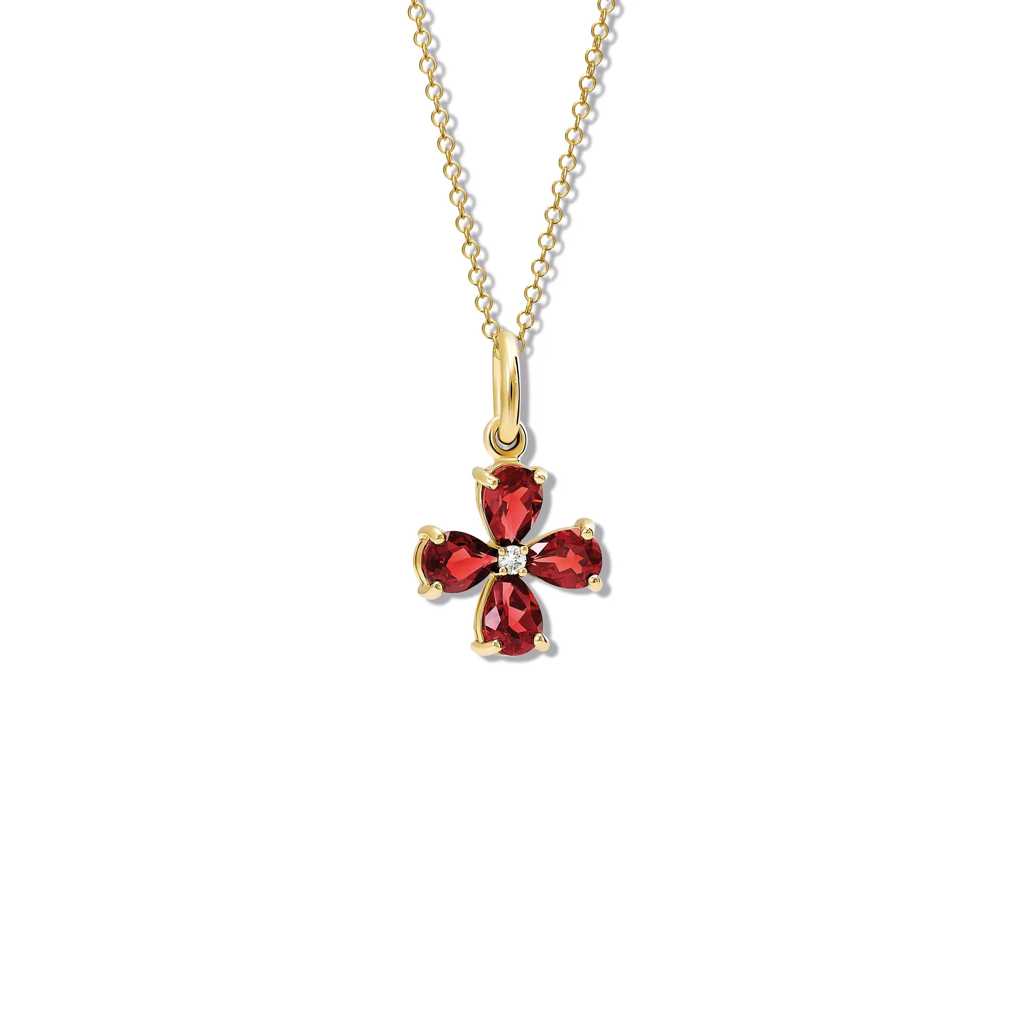 Klover Medium Flower Necklace Pendant Yellow Gold - Garnet & Diamond