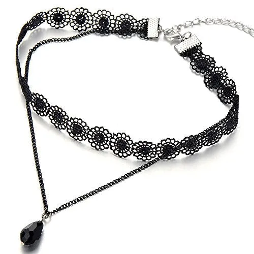 Ladies Black Lace Chain Tattoo Choker Necklace with Black Teardrop Bead Charm Pendant