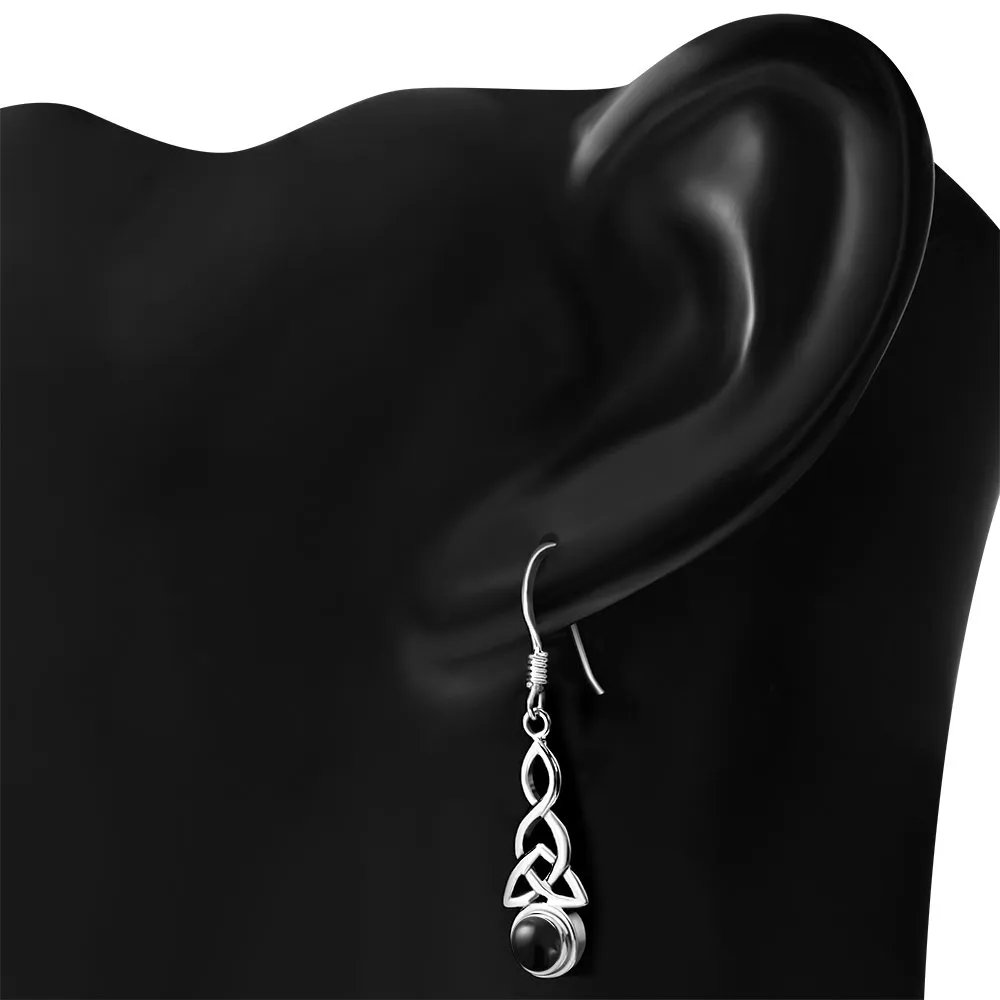 Long Black Onyx Trinity Knot Silver Earrings