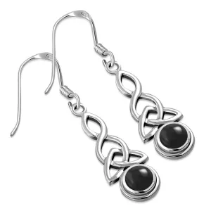 Long Black Onyx Trinity Knot Silver Earrings