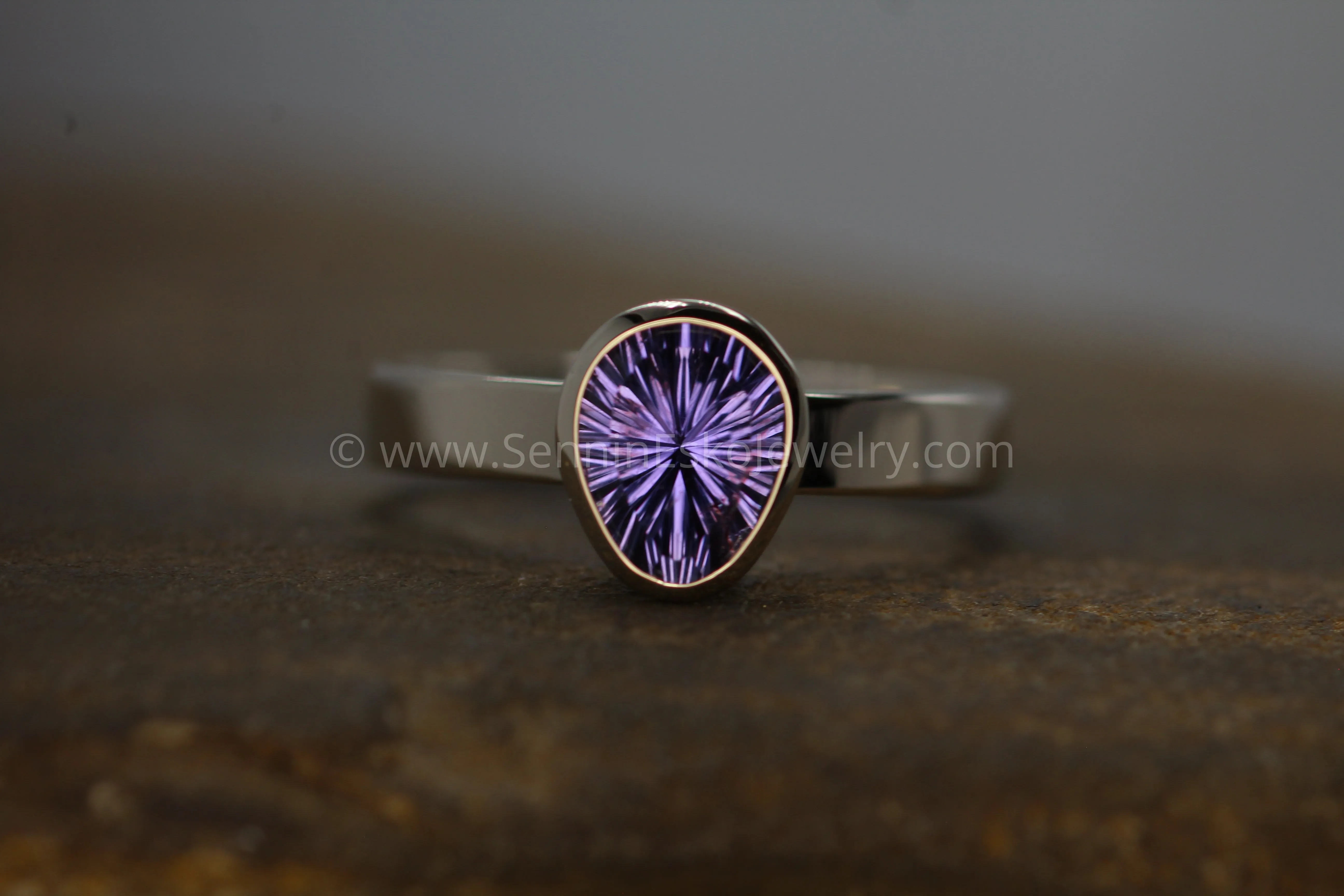 Medium Weight White Gold Bezel Ring Setting - Fantasy Cut Purple Sapphire Depicted (Setting Only, Center Stone Sold Separately)