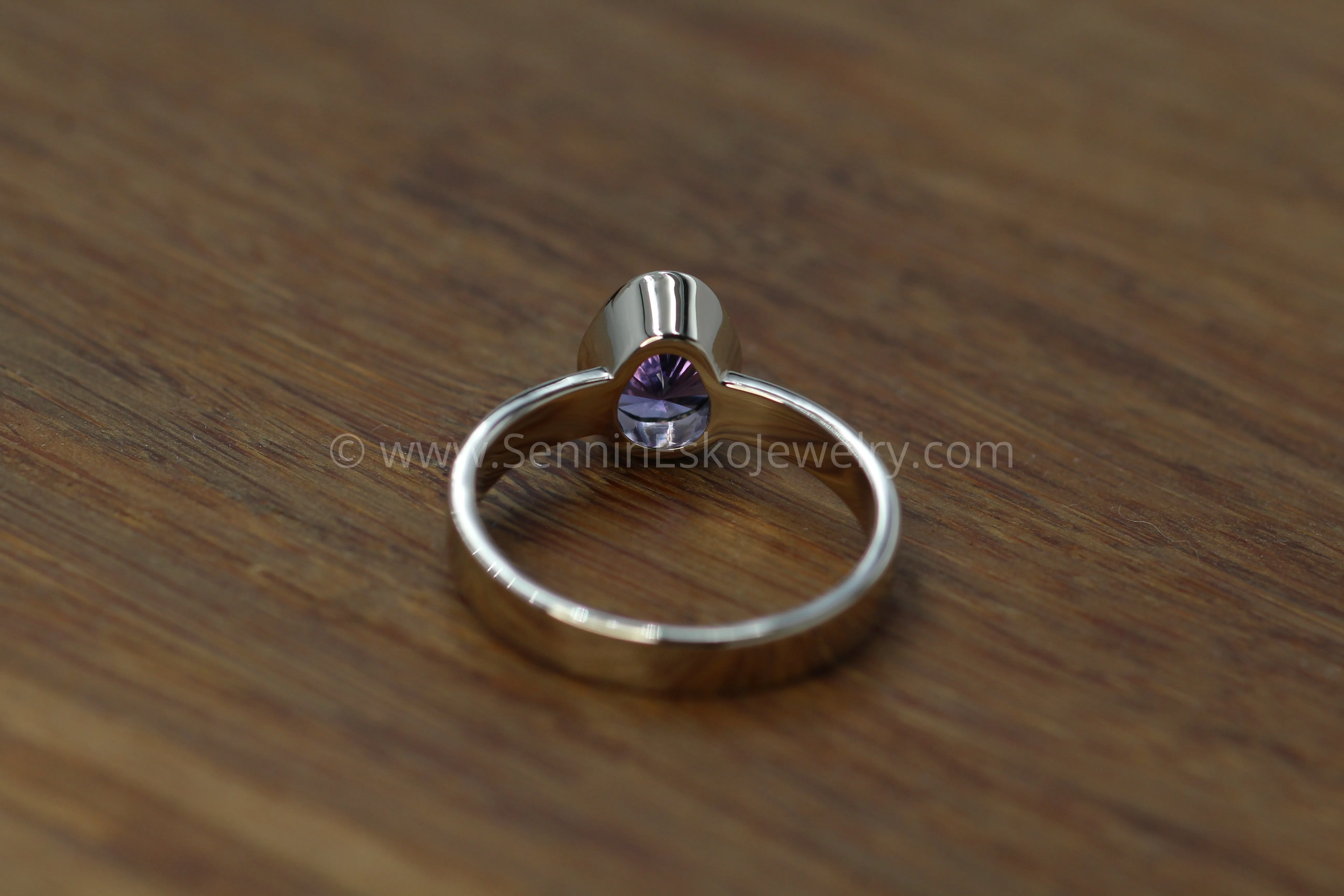 Medium Weight White Gold Bezel Ring Setting - Fantasy Cut Purple Sapphire Depicted (Setting Only, Center Stone Sold Separately)