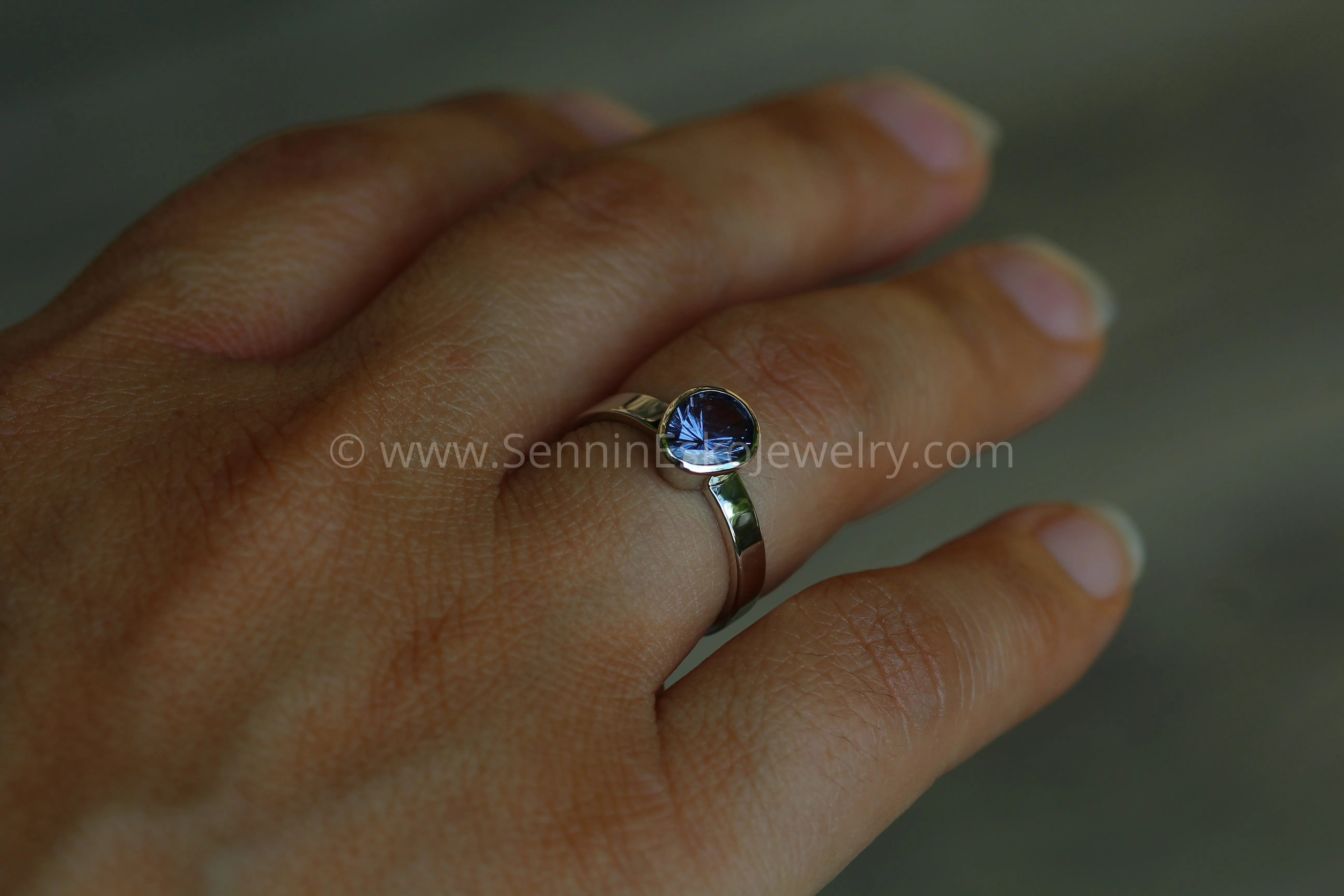 Medium Weight White Gold Bezel Ring Setting - Fantasy Cut Purple Sapphire Depicted (Setting Only, Center Stone Sold Separately)