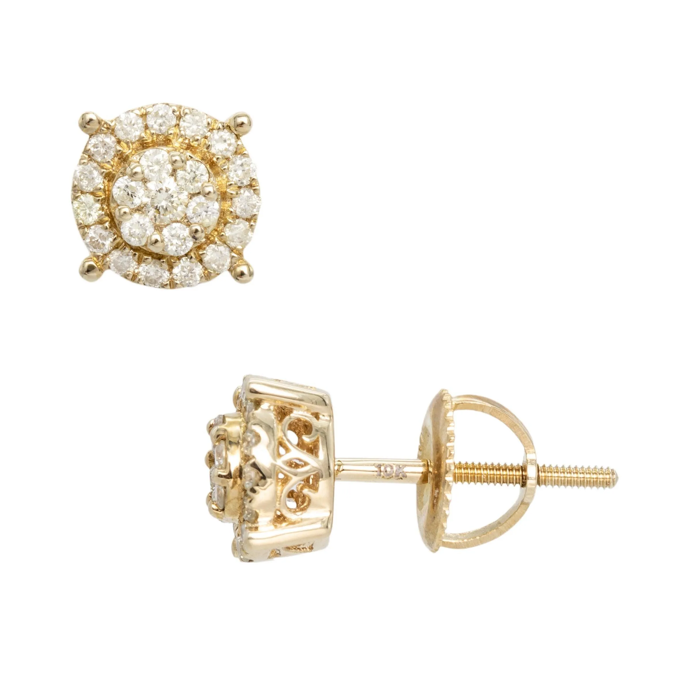 Men's Halo Flower Cluster Diamond Stud Earrings 0.39ct 10K Yellow Gold