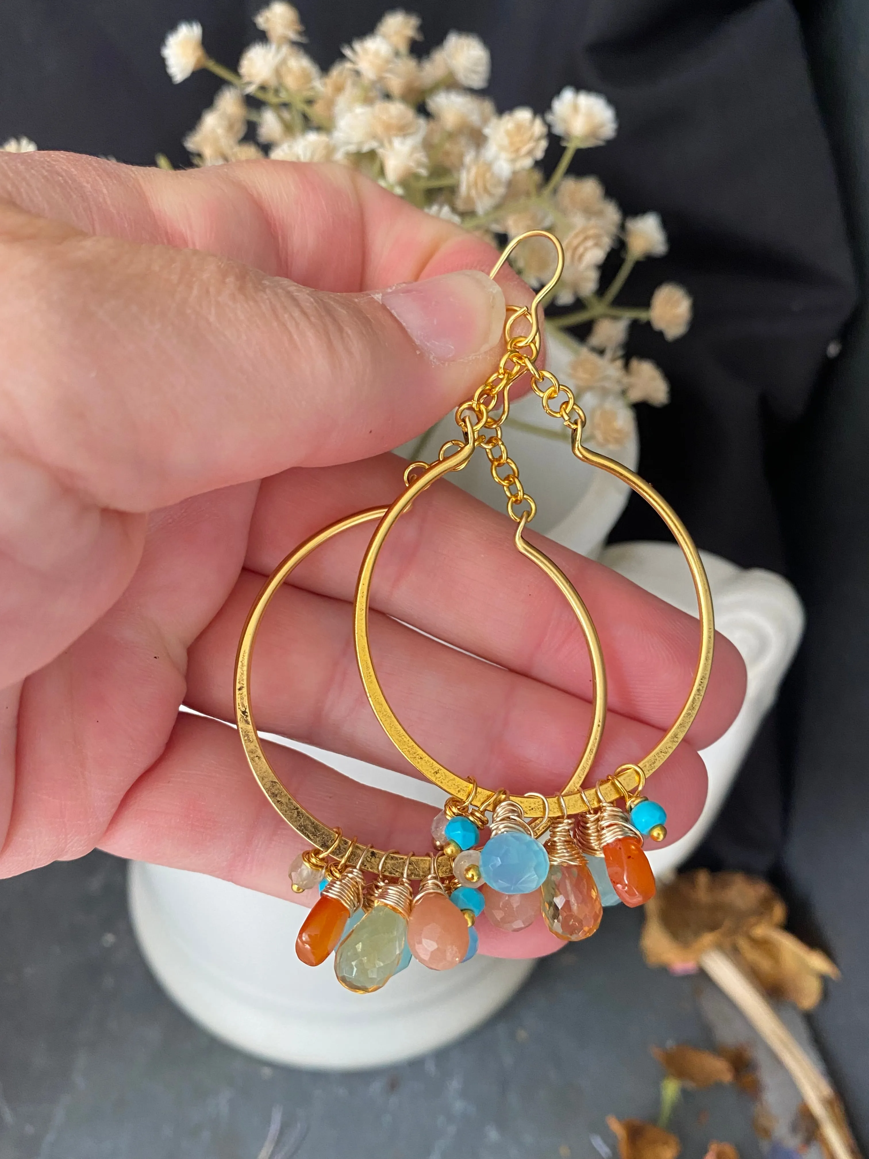 Mixed gemstones, wire wrapping, gold hoop earrings