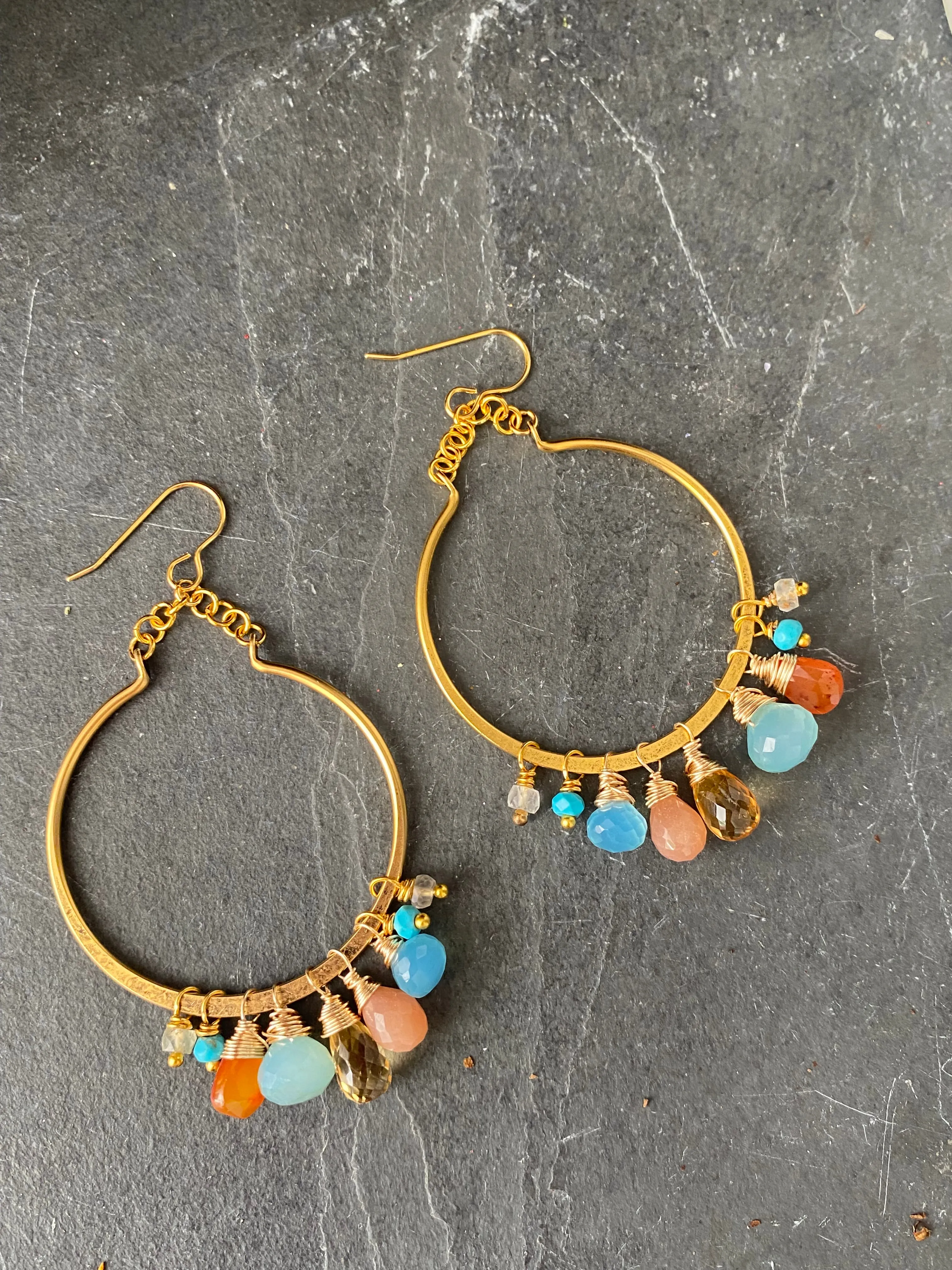 Mixed gemstones, wire wrapping, gold hoop earrings