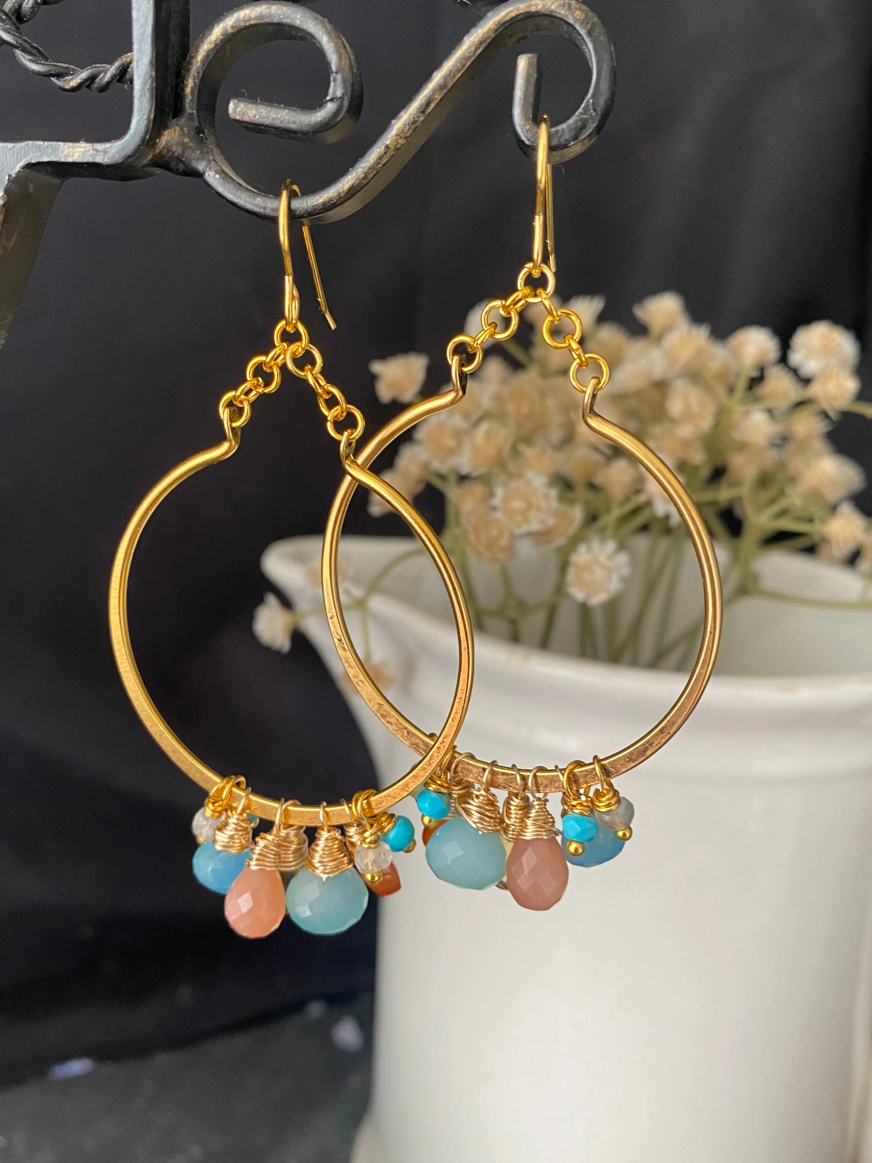 Mixed gemstones, wire wrapping, gold hoop earrings