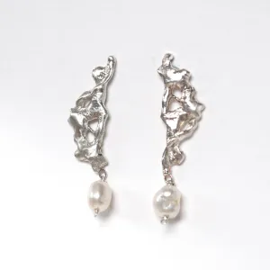 Molten Silver and Pearl Earrings