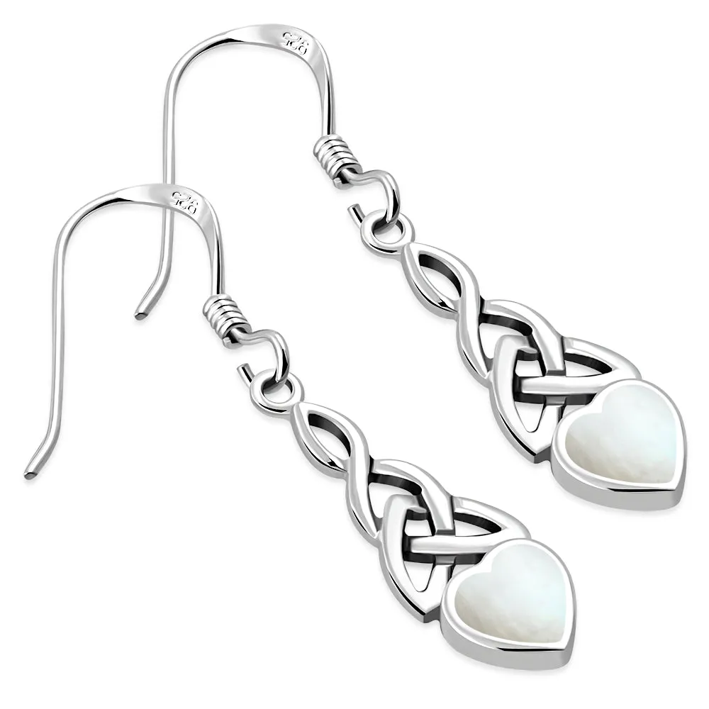 Mother of Pearl Heart Celtic Trinity Silver Earrings