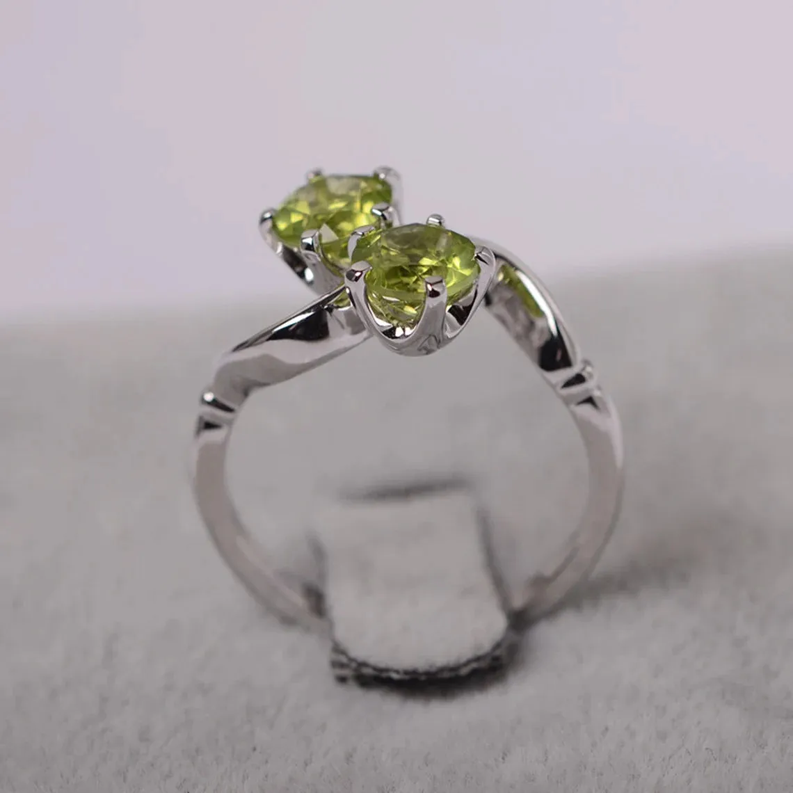 Natural Round Cut Peridot Two Stone Ring - 925 Sterling Silver Ring