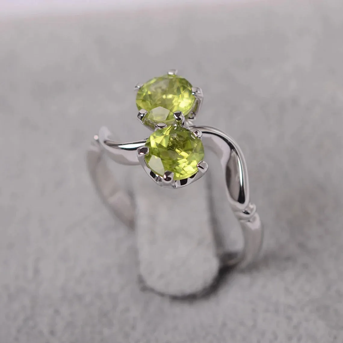 Natural Round Cut Peridot Two Stone Ring - 925 Sterling Silver Ring