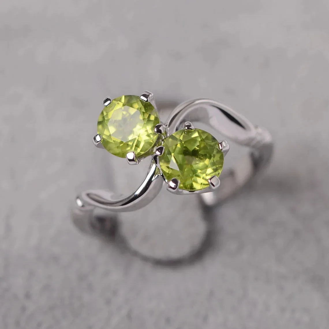 Natural Round Cut Peridot Two Stone Ring - 925 Sterling Silver Ring