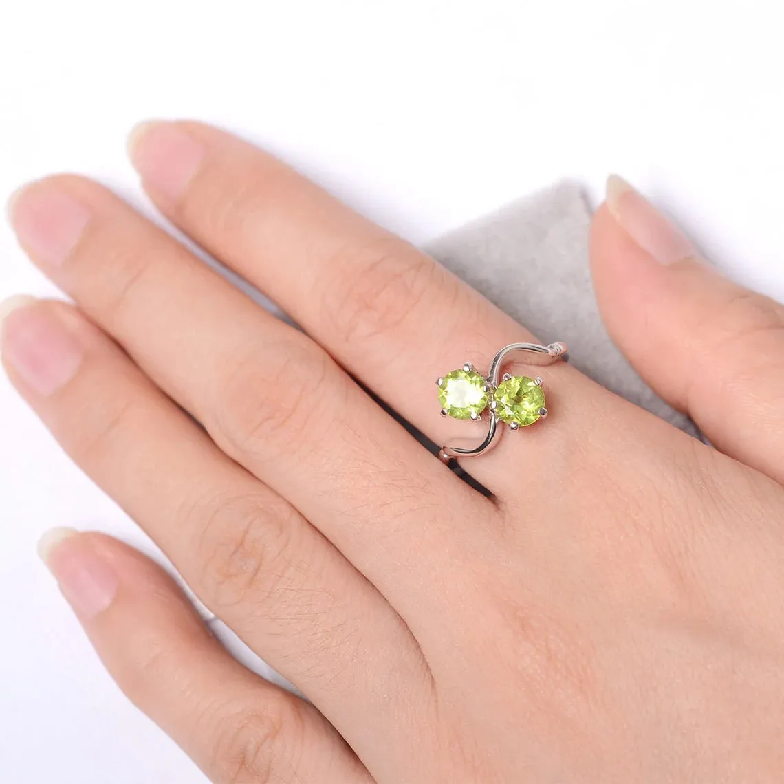 Natural Round Cut Peridot Two Stone Ring - 925 Sterling Silver Ring