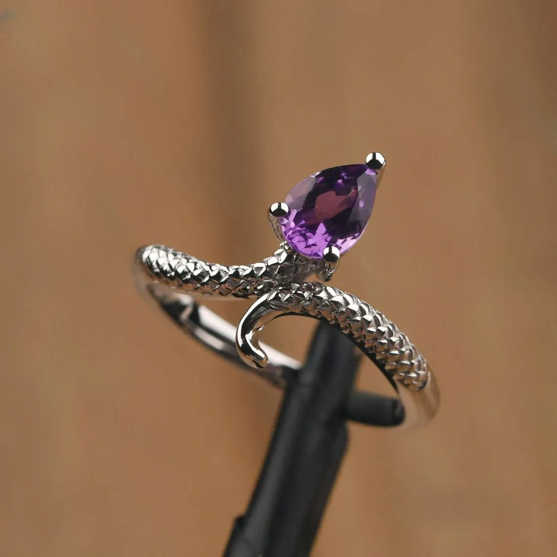 Natural Teardrop Amethyst Snake Vintage Ring - 925 Sterling Silver Rings